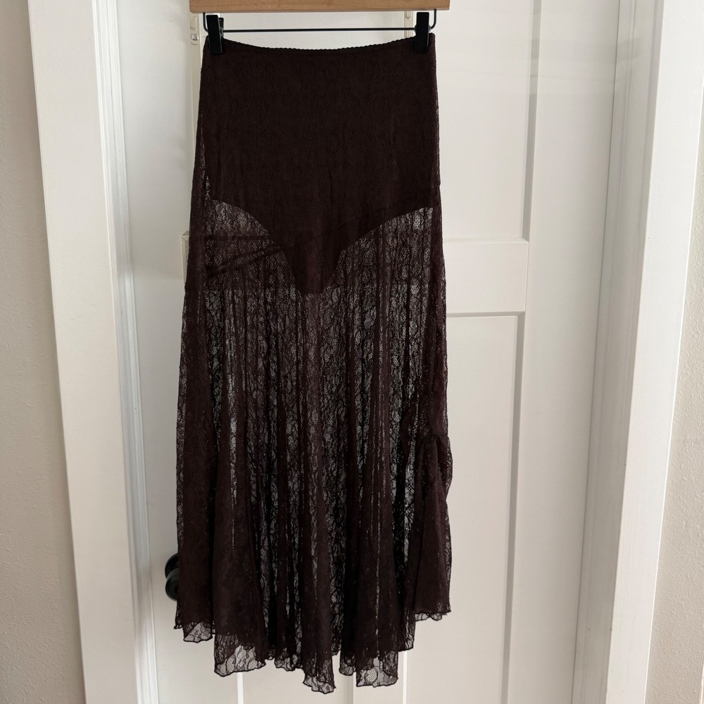 Ronny Kobo x FashionPass Brown Sheer Lace Maxi Skirt S Boho Ethereal Whimsygoth